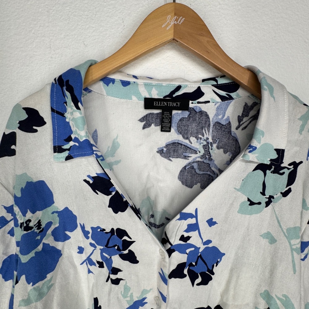 Women Floral Linen Tie Front Button Top Blouse XL Blue Coastal Minimalist Resort - Picture 6 of 9
